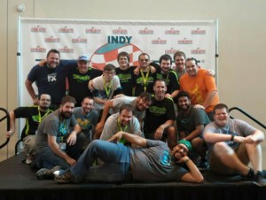 Here is a big portion of our group this year. These guys were still working hard loading trucks late Sunday night when we grabbed this photo on the Gen Con announcement stage.